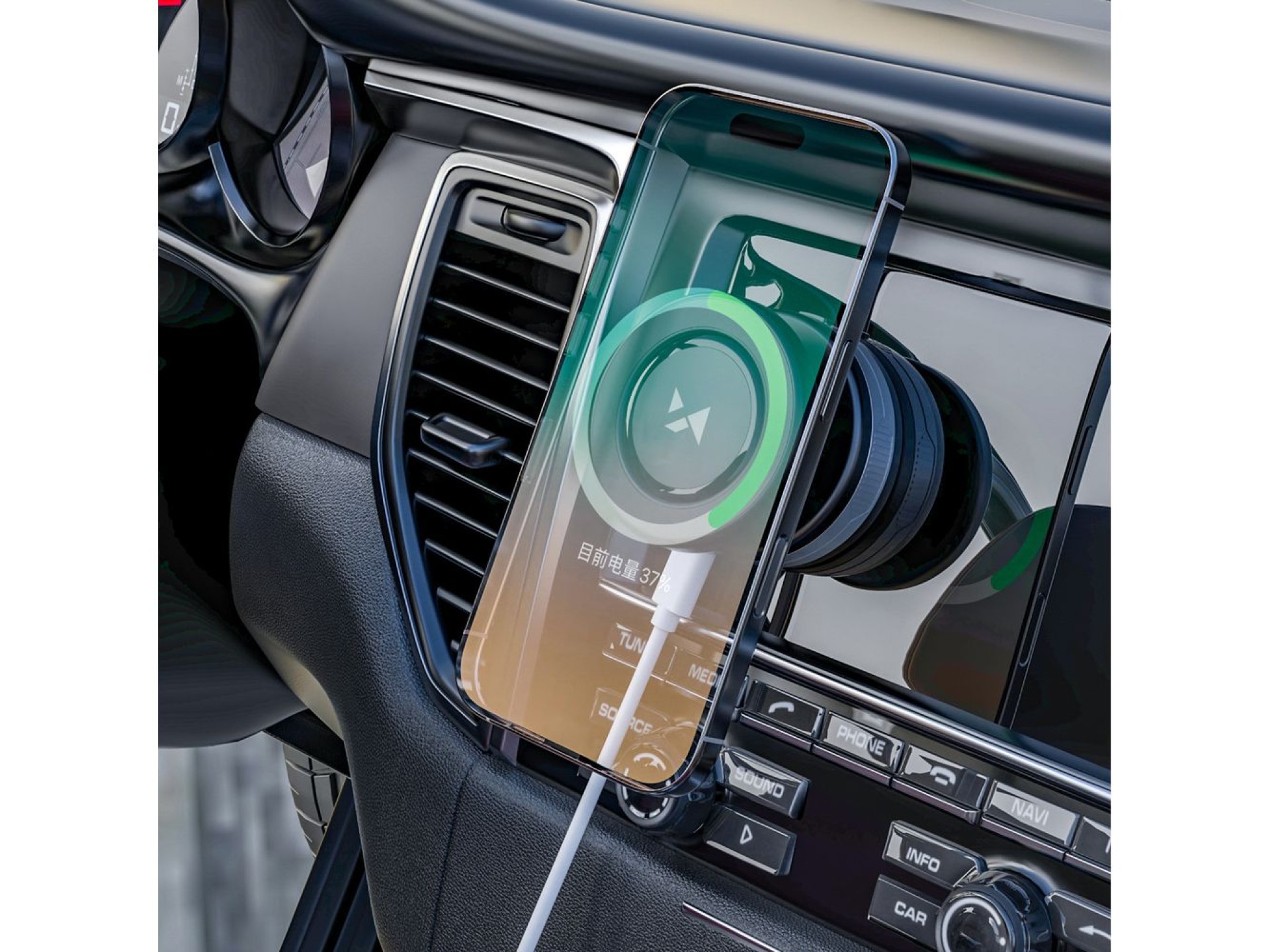 Suporte veicular Wozinsky WUSQ-01 com carregador Qi compatível com MagSafe - Preto