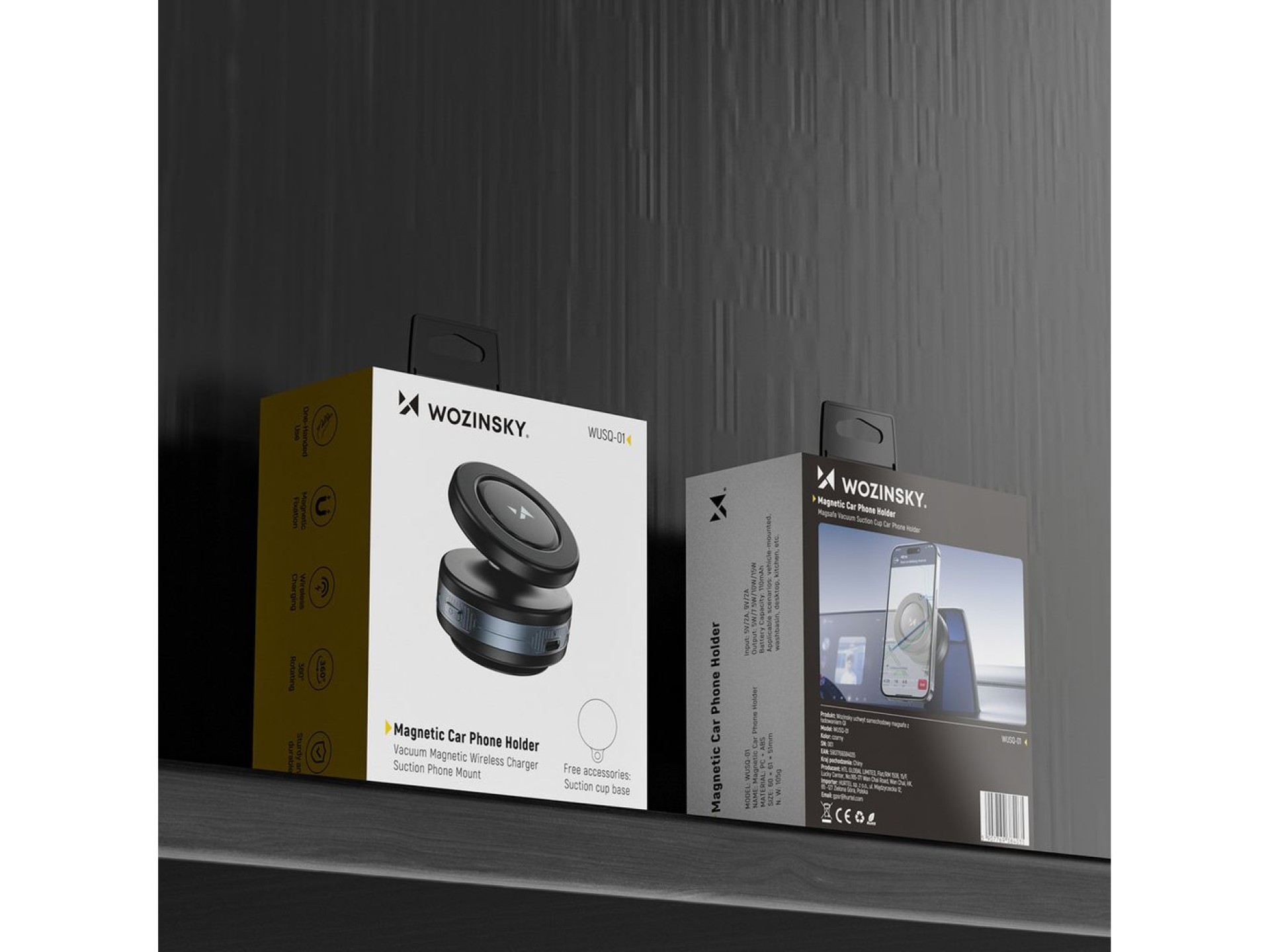 Suporte veicular Wozinsky WUSQ-01 com carregador Qi compatível com MagSafe - Preto