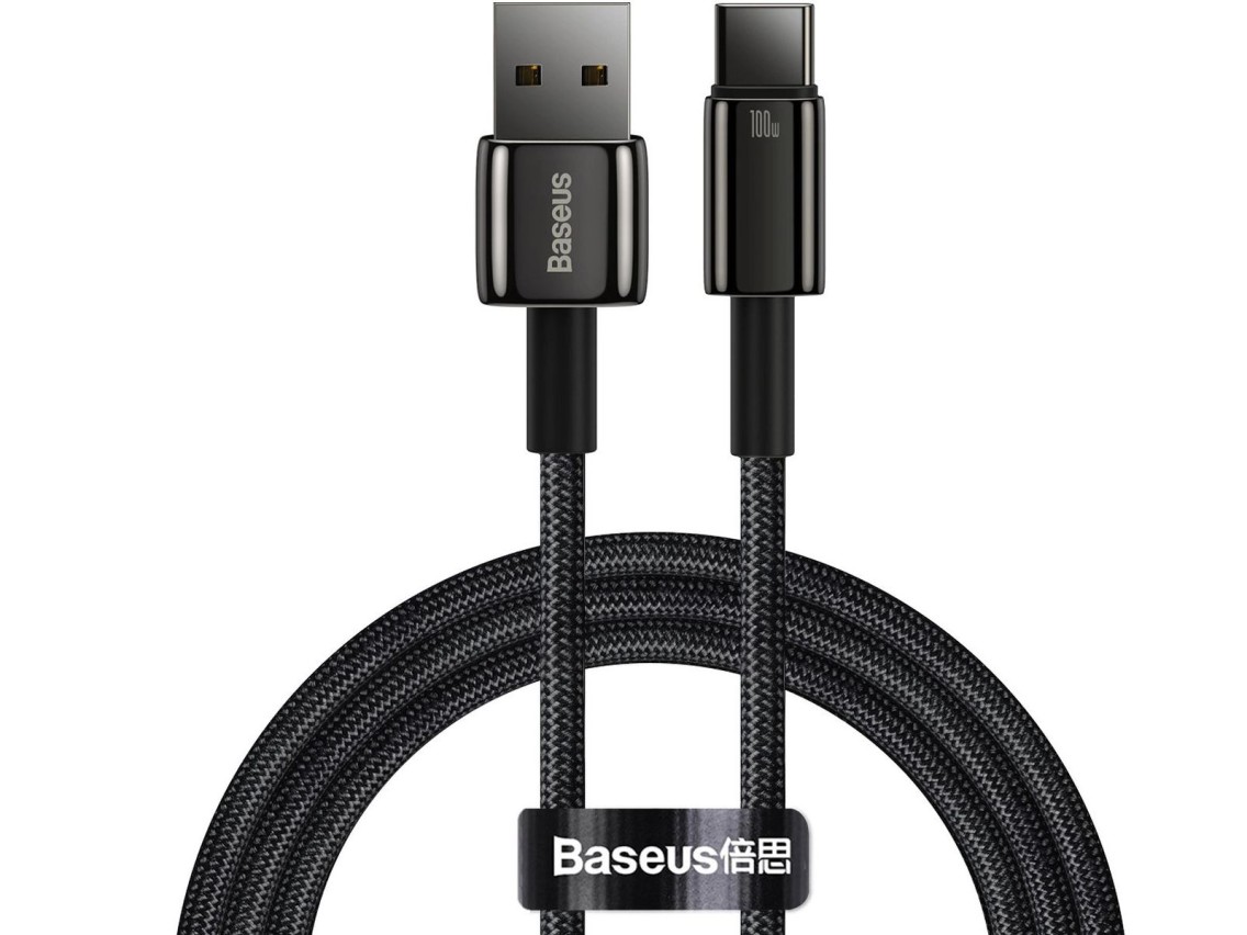 Cabo USB-A para USB-C Baseus Tungsten Gold 480 Mb/s 100 W 1 m Preto (CAWJ000001)