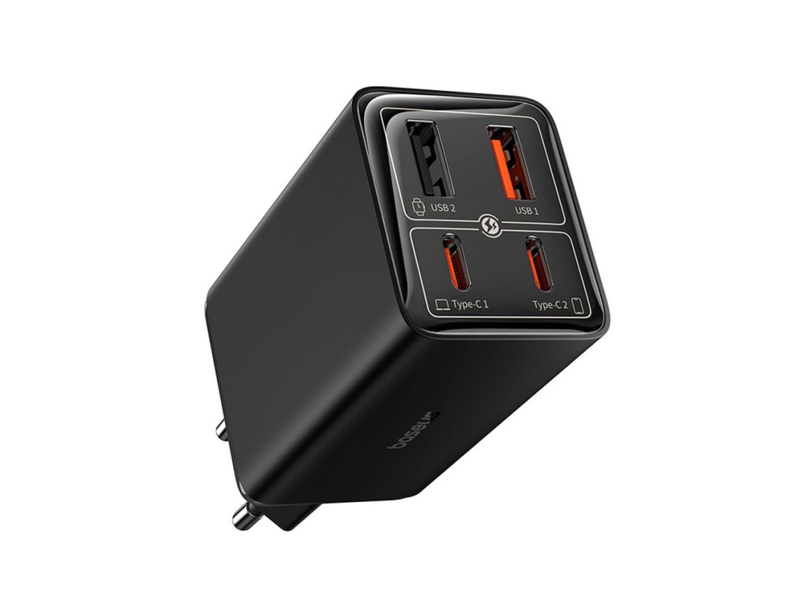 Carregador Baseus GaN6 Pro 65W com 2 portas USB-C e 2 portas USB-A, acompanhado de cabo USB-C preto 