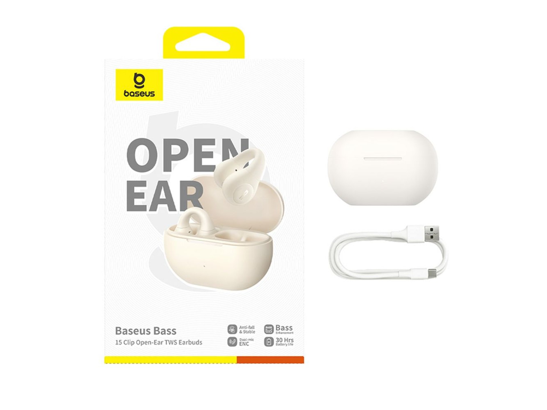 Fones de ouvido sem fio Baseus Bass 15 Clip OWS com cabo Baseus Simple USB-C 3A de 30 cm - Branco