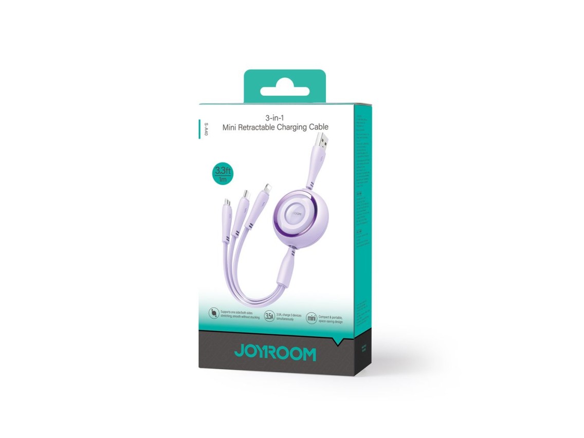 Joyroom Colorful Series S-A40 Cable Retractable 3in1 USB-A - USB-C / Lightning / Micro USB 1m - Purp