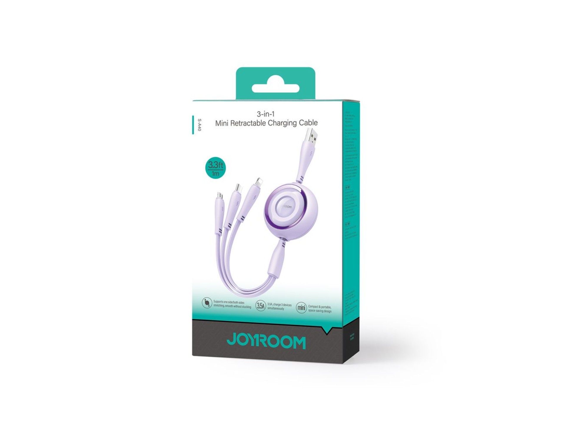 Joyroom Colorful Series S-A40 Cable Retractable 3in1 USB-A - USB-C / Lightning / Micro USB 1m - Purp