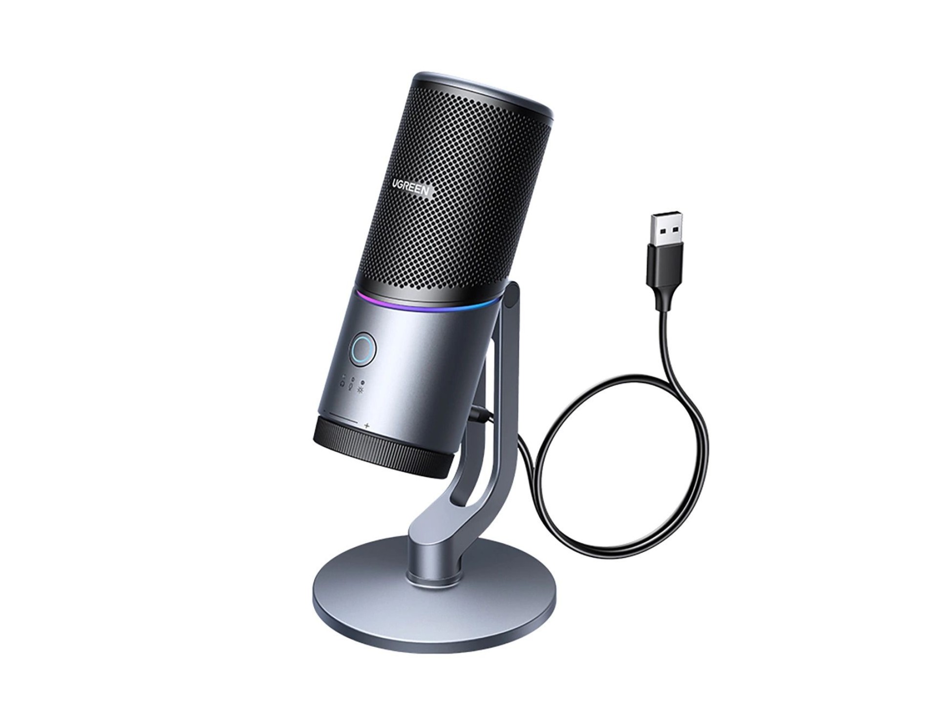 Microfone de mesa Ugreen CM769 com USB-A, LED RGB - Prata