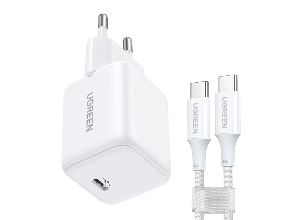 Cargador de pared Ugreen X513 de 30 W GaN con 1 cable USB-C + 1 m de cable USB-C - Blanco