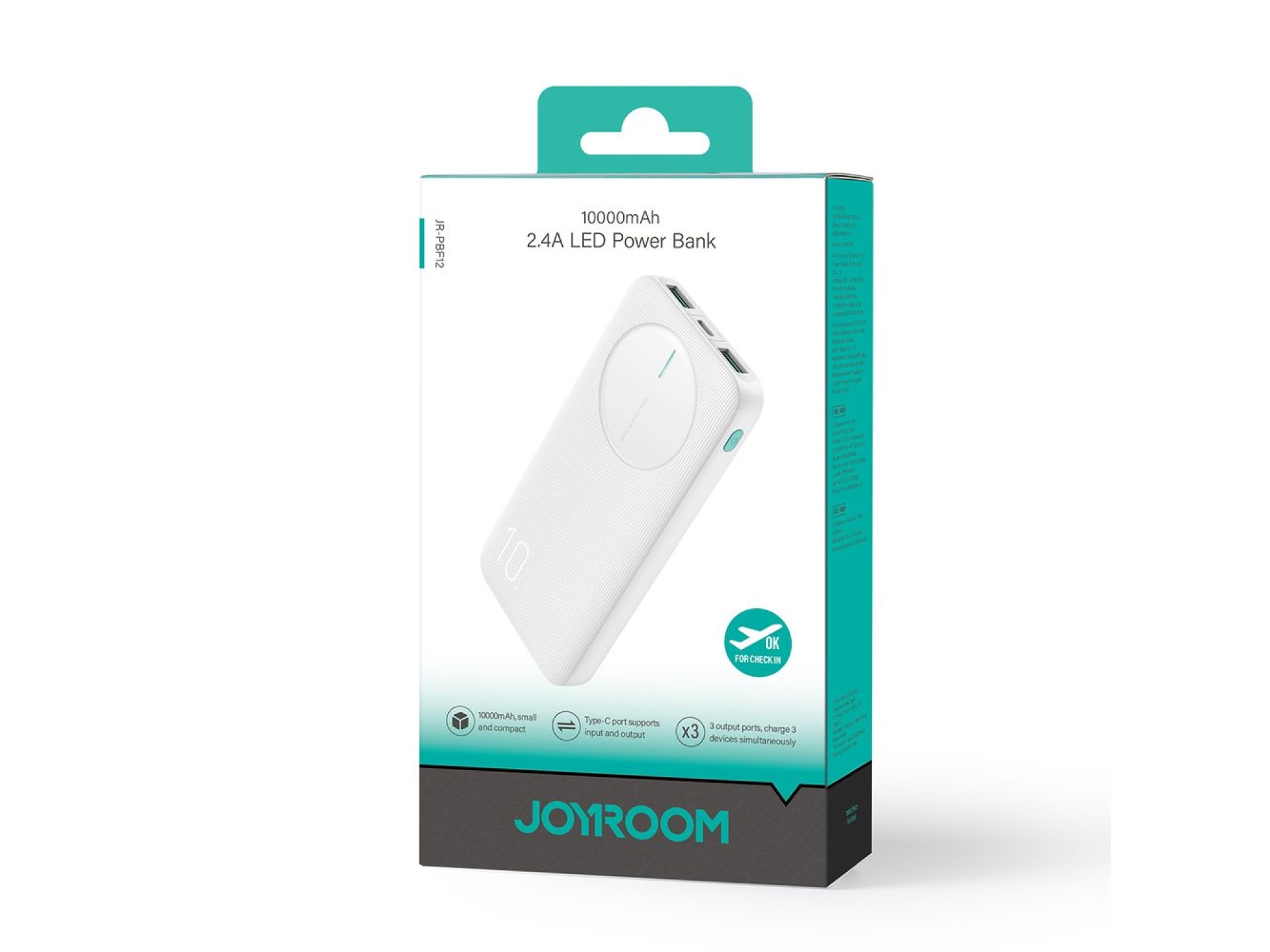 Powerbank Joyroom JR-PBF12 10000mAh 2.4A 2x USB-A 1x USB-C - white