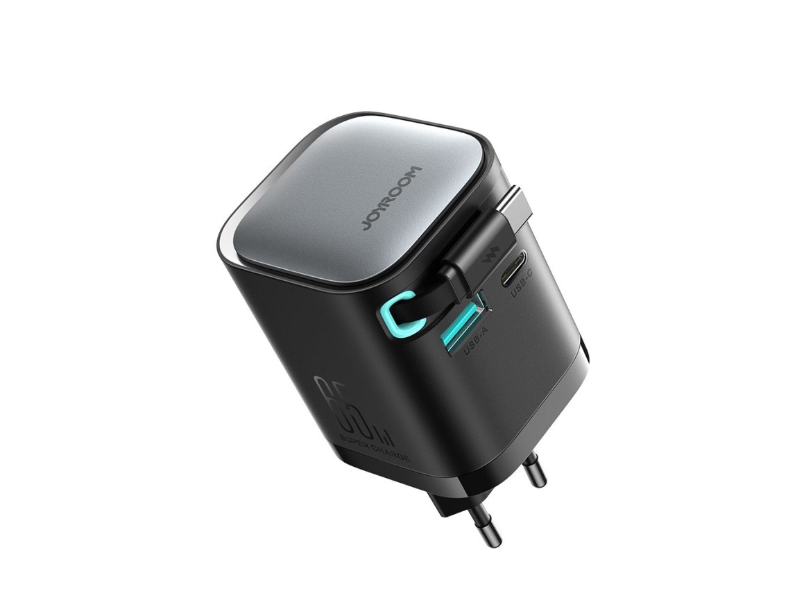 Cargador Joyroom JR-TCL02 de 65 W USB-A/USB-C GaN con cable USB-C integrado - negro