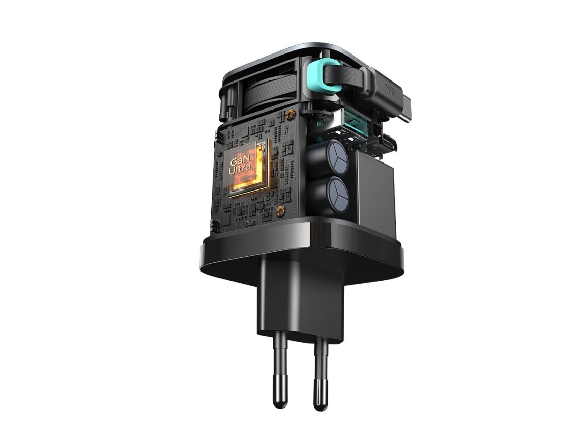 Cargador Joyroom JR-TCL02 de 65 W USB-A/USB-C GaN con cable USB-C integrado - negro