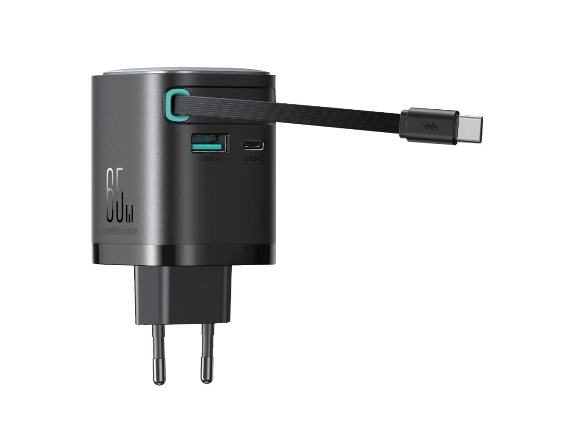 Cargador Joyroom JR-TCL02 de 65 W USB-A/USB-C GaN con cable USB-C integrado - negro
