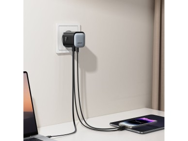 Cargador Joyroom JR-TCL02 de 65 W USB-A/USB-C GaN con cable USB-C integrado - negro
