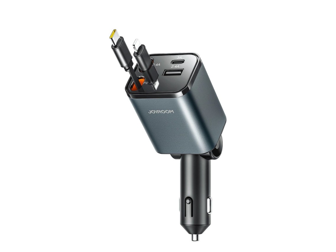 Joyroom JR-CCL05 30W 4-in-1 Car Charger with 2 Built-in Retractable Cables - Dark Gray
