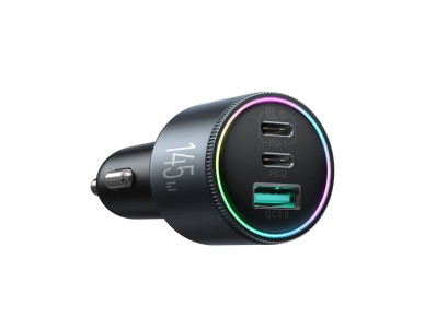 Cargador de coche Joyroom JR-CCN07 de 145 W con 2 puertos USB-C, USB-A y cable USB-C de 100 W - Gris