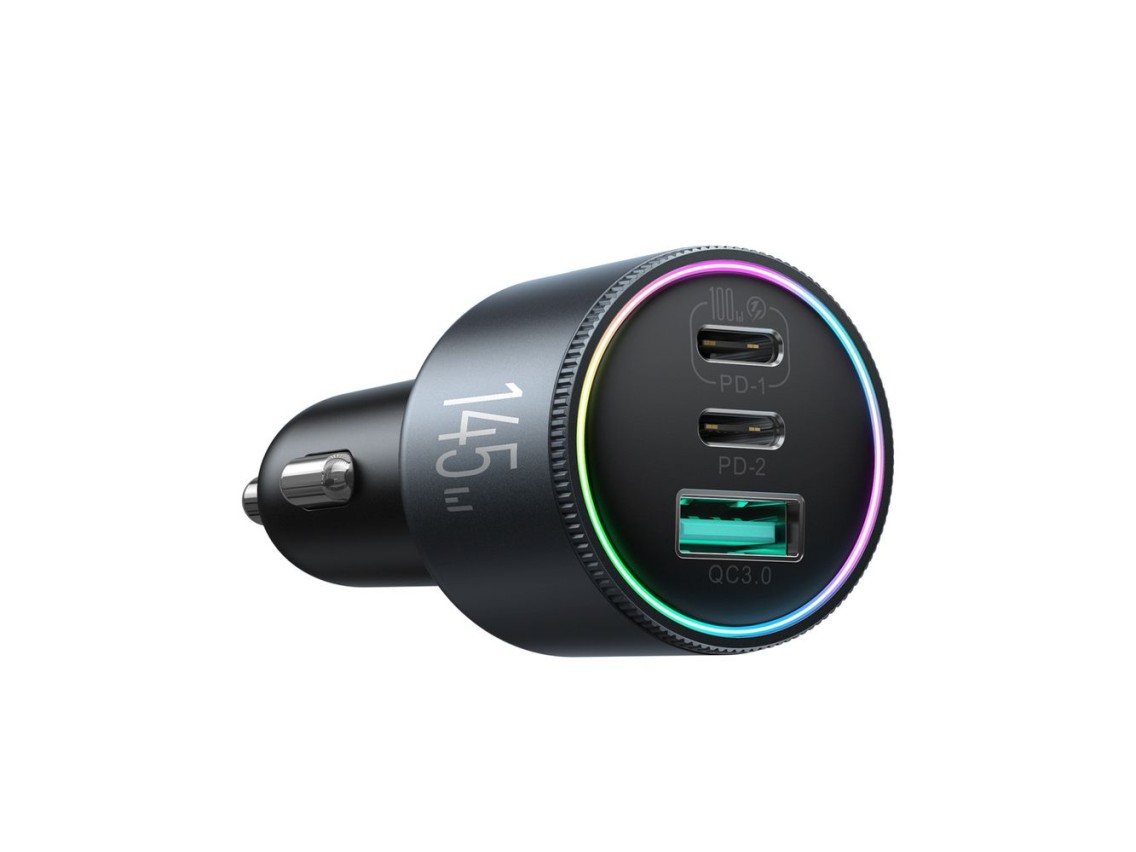 Cargador de coche Joyroom JR-CCN07 de 145 W con 2 puertos USB-C, USB-A y cable USB-C de 100 W - Gris