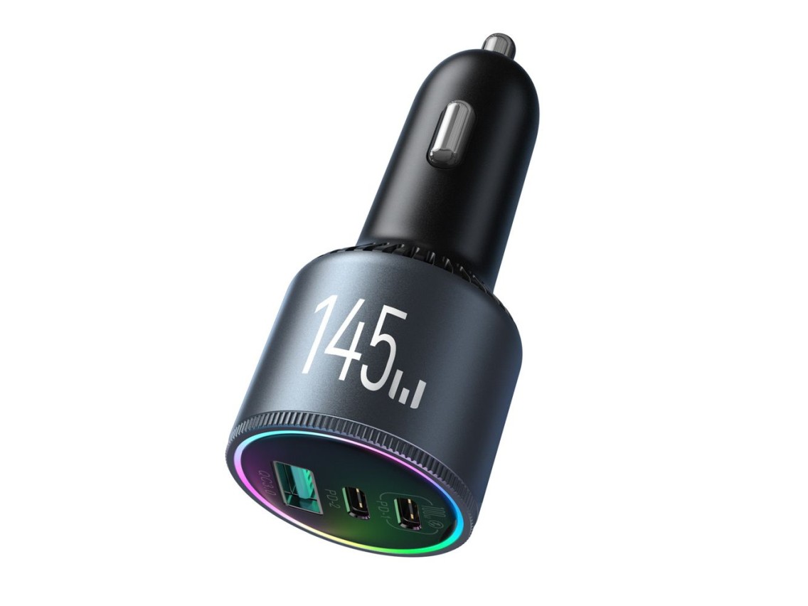 Cargador de coche Joyroom JR-CCN07 de 145 W con 2 puertos USB-C, USB-A y cable USB-C de 100 W - Gris