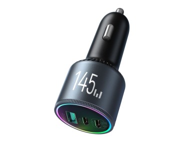 Cargador de coche Joyroom JR-CCN07 de 145 W con 2 puertos USB-C, USB-A y cable USB-C de 100 W - Gris