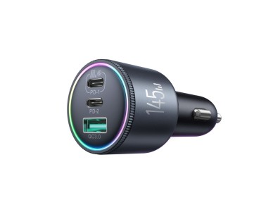 Cargador de coche Joyroom JR-CCN07 de 145 W con 2 puertos USB-C, USB-A y cable USB-C de 100 W - Gris