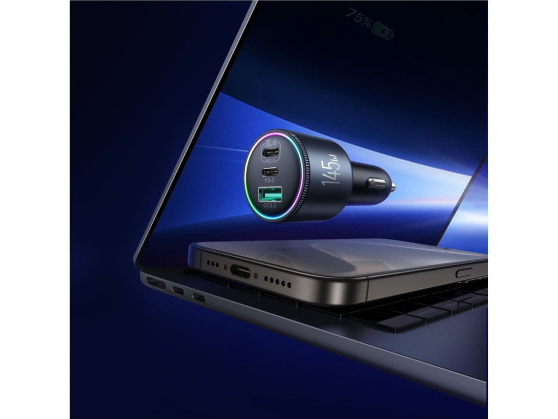 Cargador de coche Joyroom JR-CCN07 de 145 W con 2 puertos USB-C, USB-A y cable USB-C de 100 W - Gris