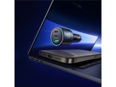 Cargador de coche Joyroom JR-CCN07 de 145 W con 2 puertos USB-C, USB-A y cable USB-C de 100 W - Gris