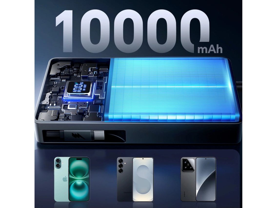 Carregador portátil Joyroom JR-PR1 10000mAh 22,5W com cabo USB-C retrátil integrado - Preto