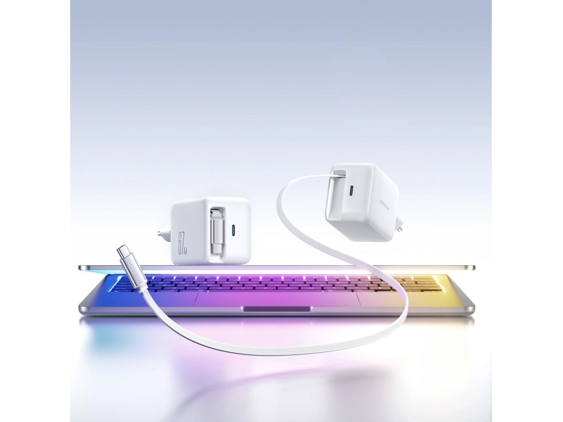 Cargador de pared Joyroom JR-TCL06 de 67 W GaN con cable USB-C retrctil integrado - Blanco