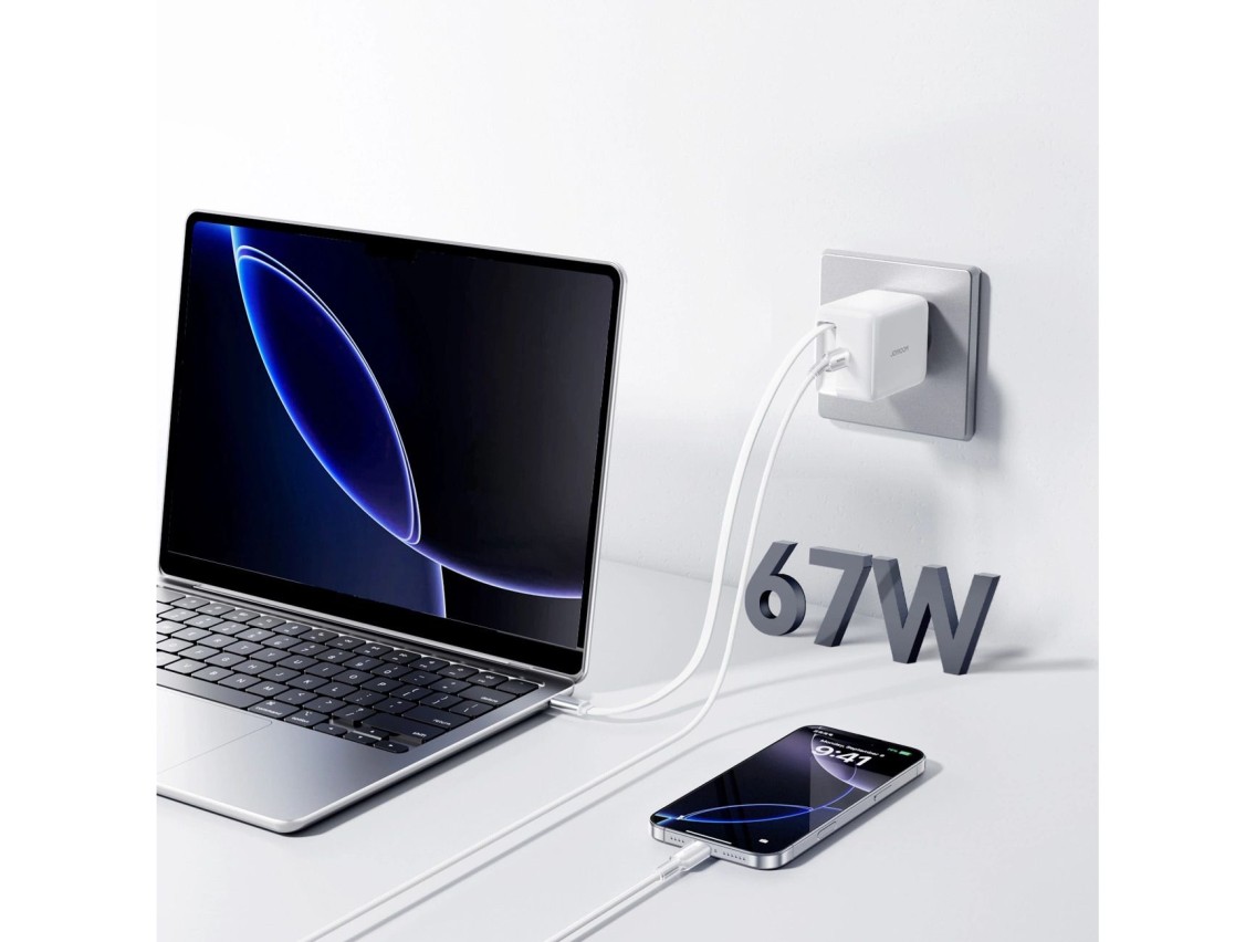 Cargador de pared Joyroom JR-TCL06 de 67 W GaN con cable USB-C retrctil integrado - Blanco