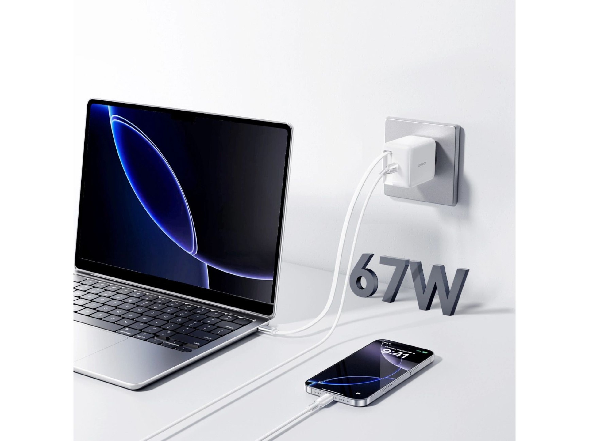 Joyroom JR-TCL06 67W GaN Wall Charger with Built-in Retractable USB-C Cable - White