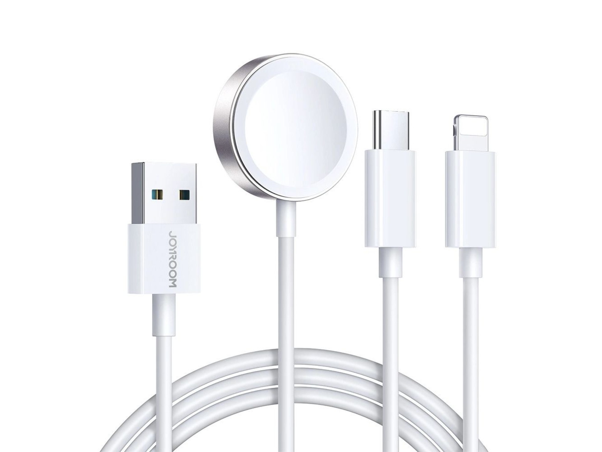 Cabo carregador magnético 3 em 1 Joyroom S-IW008 USB-A - Lightning/USB-C 1,2 m - branco