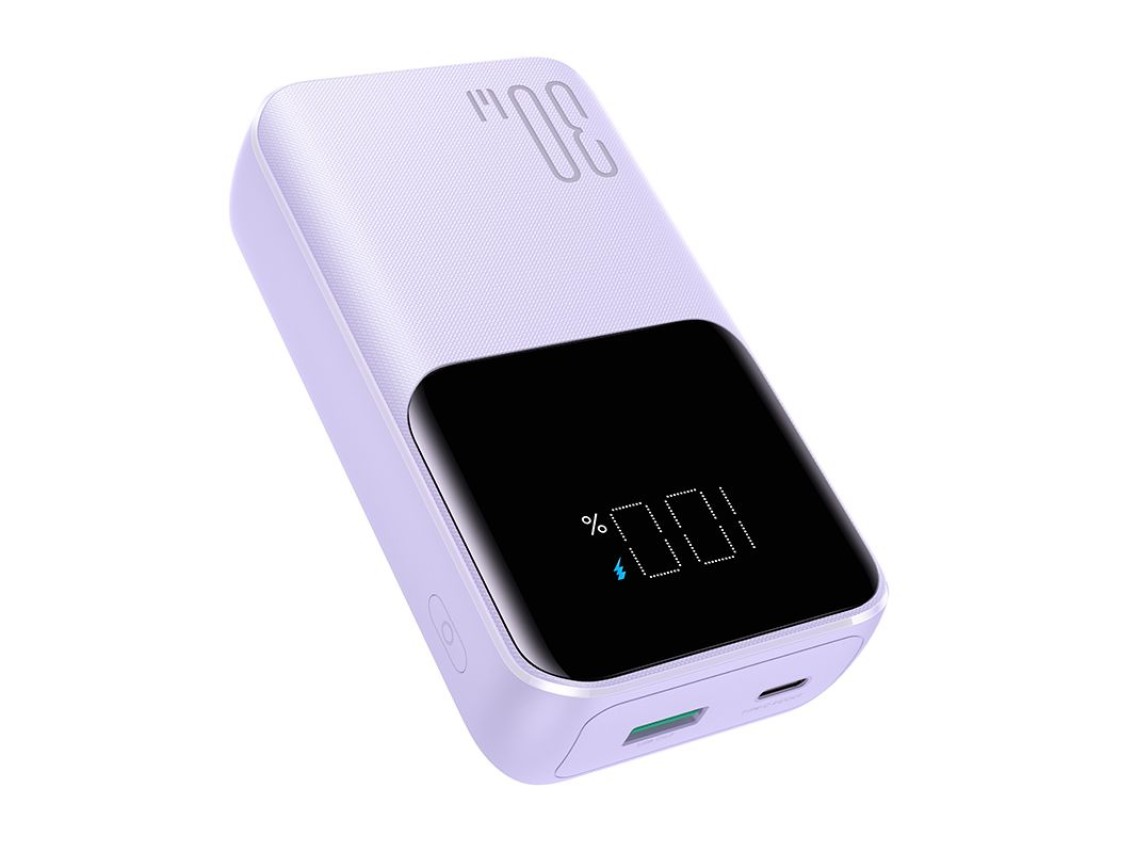 Mini power bank Joyroom JR-PBC07 de 20000mAh e 30W com cabos USB-C e Lightning - roxo