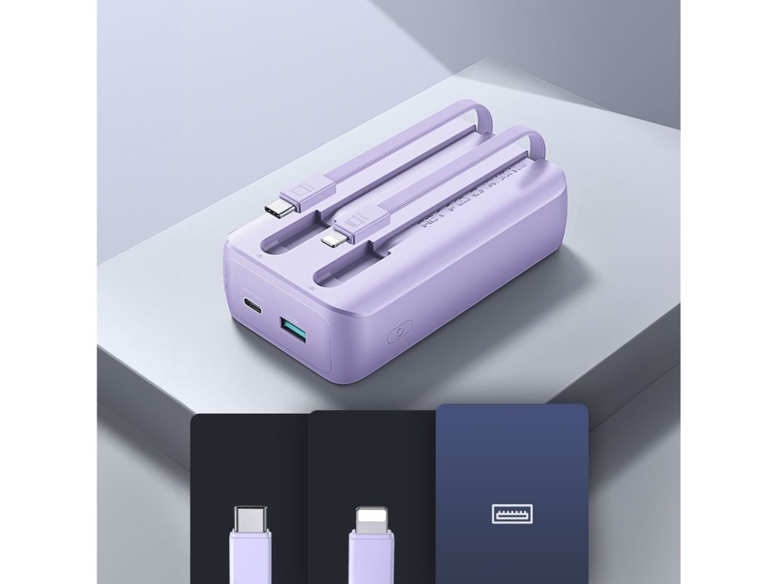 Mini power bank Joyroom JR-PBC07 de 20000mAh e 30W com cabos USB-C e Lightning - roxo