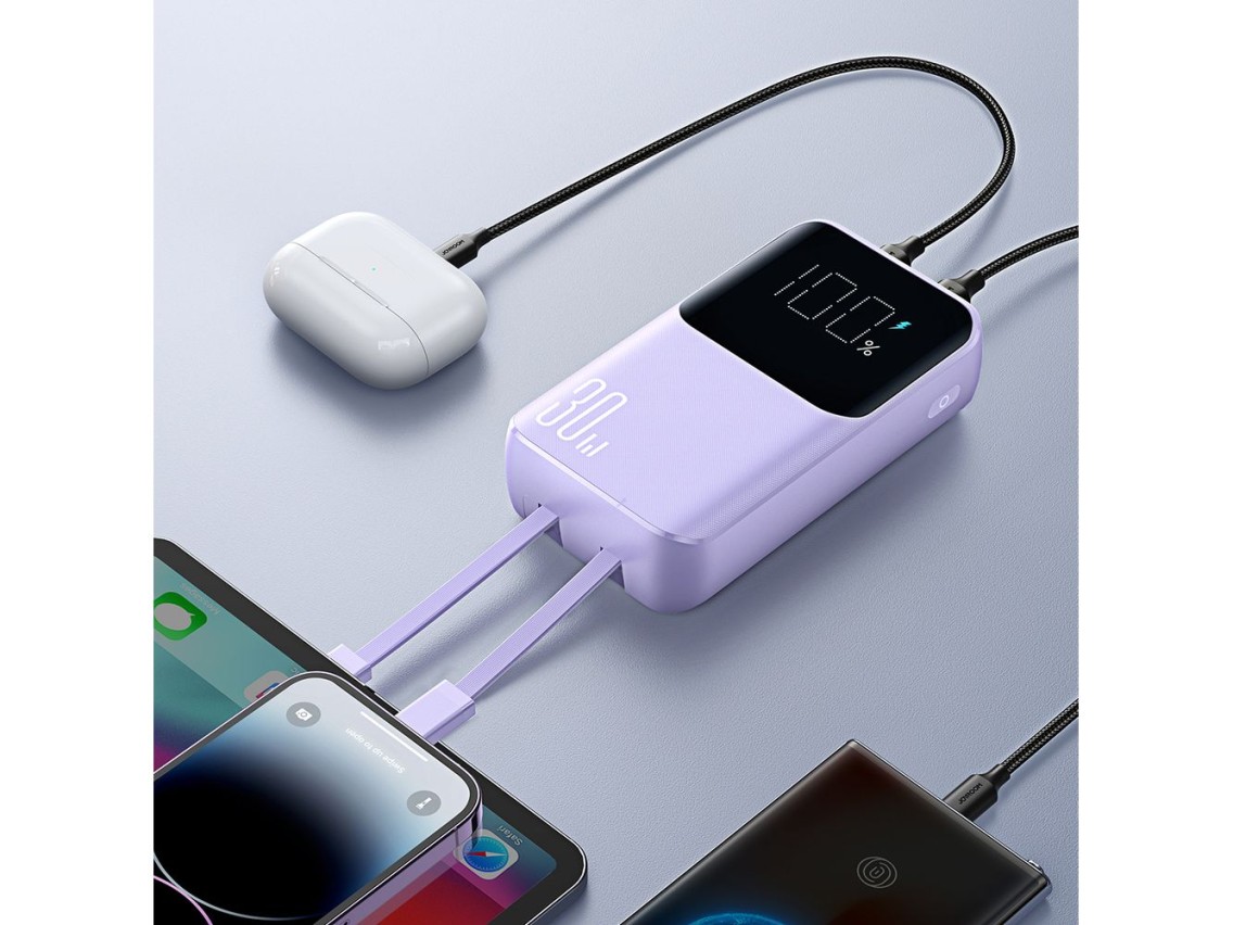 Mini power bank Joyroom JR-PBC07 de 20000mAh e 30W com cabos USB-C e Lightning - roxo