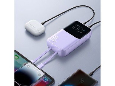 Joyroom JR-PBC07 20000mAh 30W mini power bank with USB-C and Lightning cables - purple Joyroom JR-PBC07 20000mAh 30W mini power bank with USB-C and Lightning cables - purple