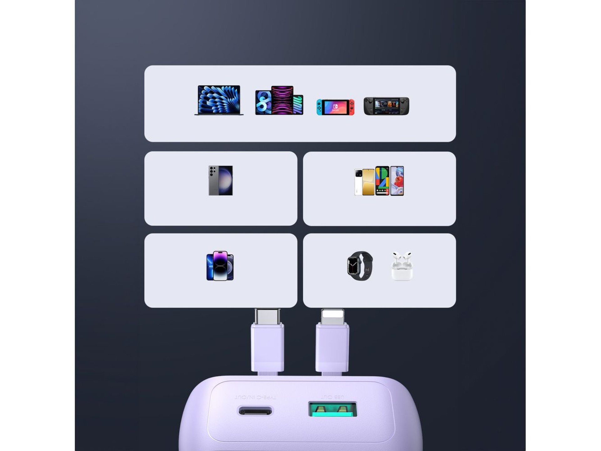 Mini power bank Joyroom JR-PBC07 de 20000mAh e 30W com cabos USB-C e Lightning - roxo