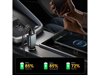 Joyroom JR-CCL07 3-in-1 Car Charger with Built-in Retractable Cable - Dark Gray