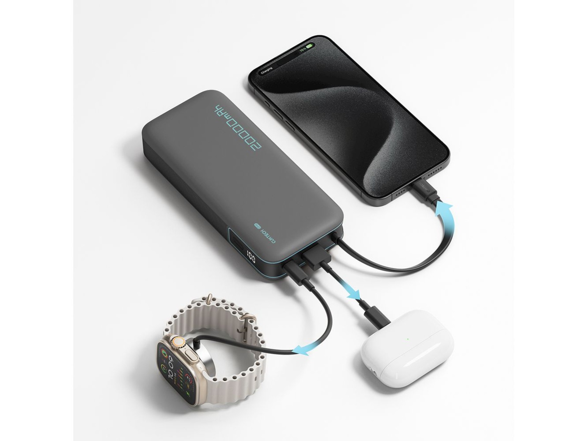 Cuktech CUKP200NGLDG 55W 20000mAh Powerbank with Built-in USB-C Cable - Gray