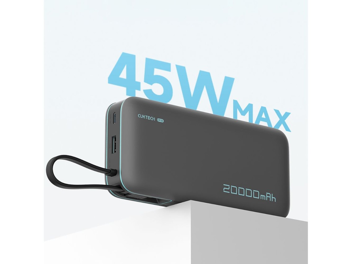 Cuktech CUKP200NGLDG 55W 20000mAh Powerbank with Built-in USB-C Cable - Gray