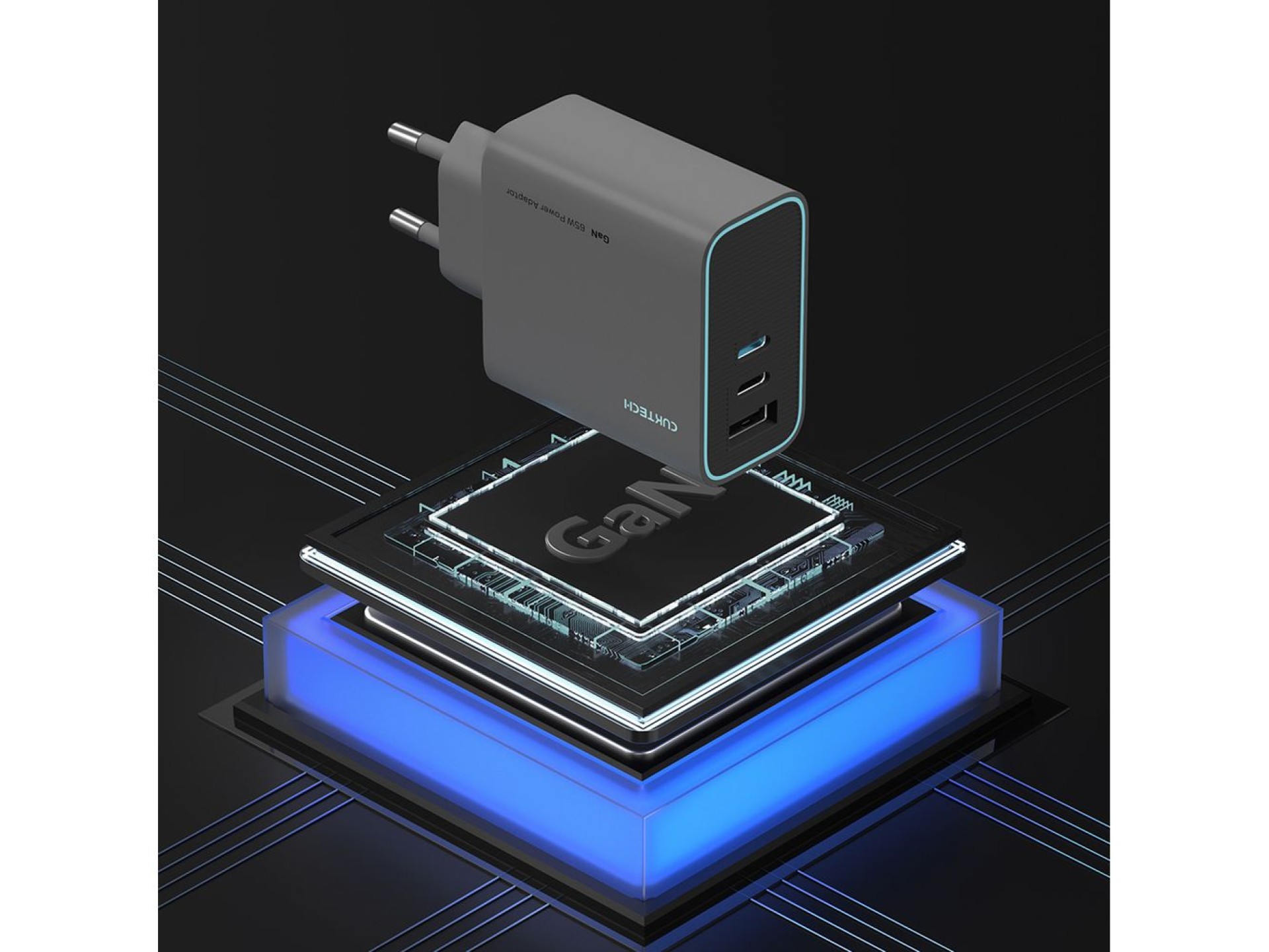 Carregador de parede Cuktech CUKAD653EUGR 65W GaN 2 x USB-C 1 x USB-A - Cinza