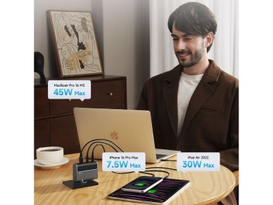 Cargador de pared Cuktech CUKAD1003EUG GaN de 100 W (2 USB-C, 1 USB-A con cable USB-C, gris)