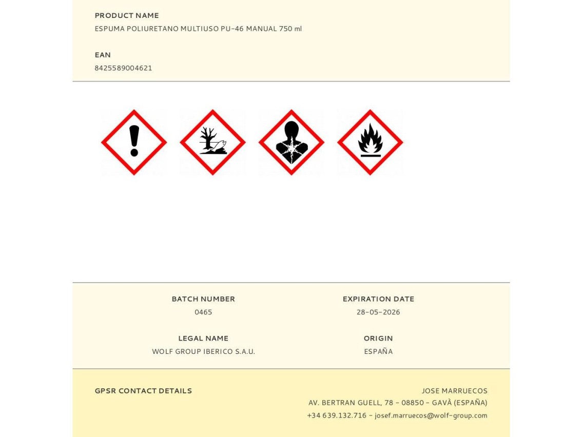 Espuma poliuretano multiuso pu-46 manual 750 ml