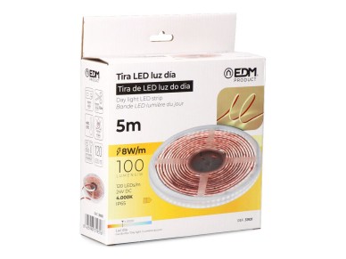 Daylight led strip 4,000k adhesive 5m x 10 mm 8 w/m 100lm/w 24v dc