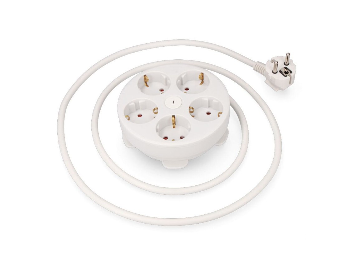 Extensão redonda com 5 tomadas 2p+t schuko, com interruptor, 16 a 250 v, 1,5 m de cabo h05vv-f 3g1.5