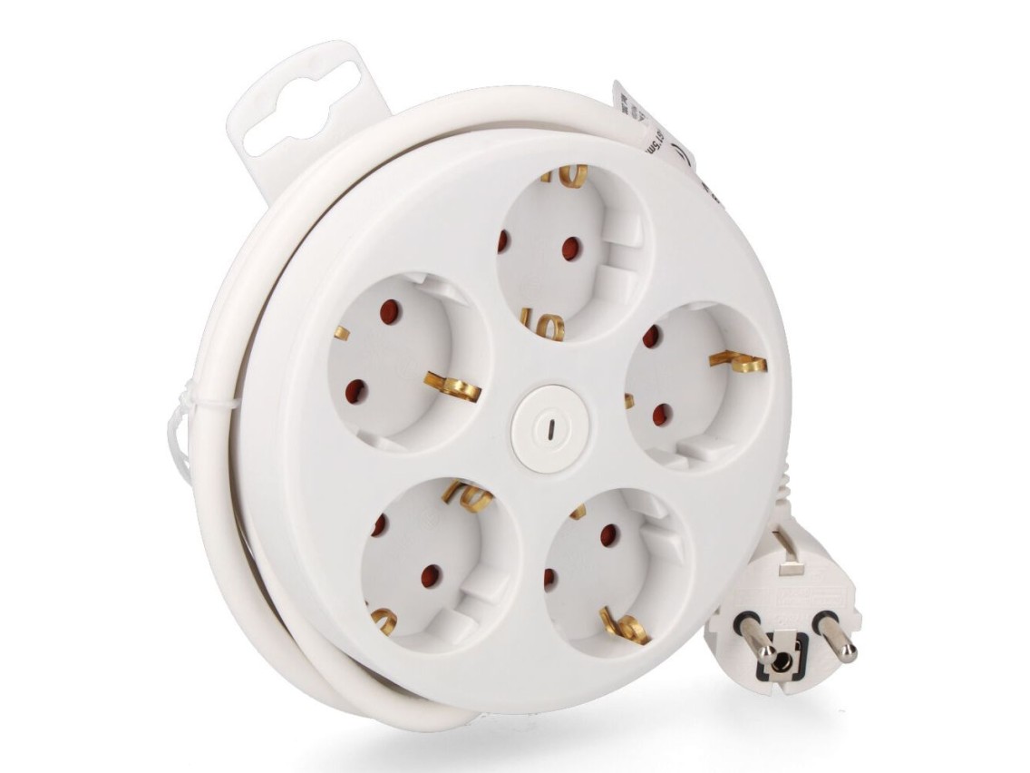 Extensão redonda com 5 tomadas 2p+t schuko, com interruptor, 16 a 250 v, 1,5 m de cabo h05vv-f 3g1.5