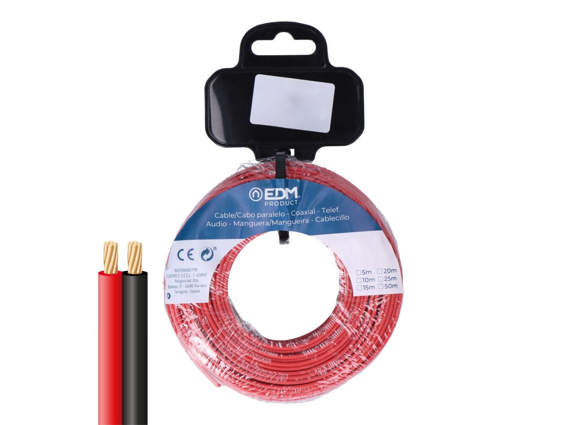 Carrete cable paralelo 2x1,50 mm² rojo/negro 50m (audio)
