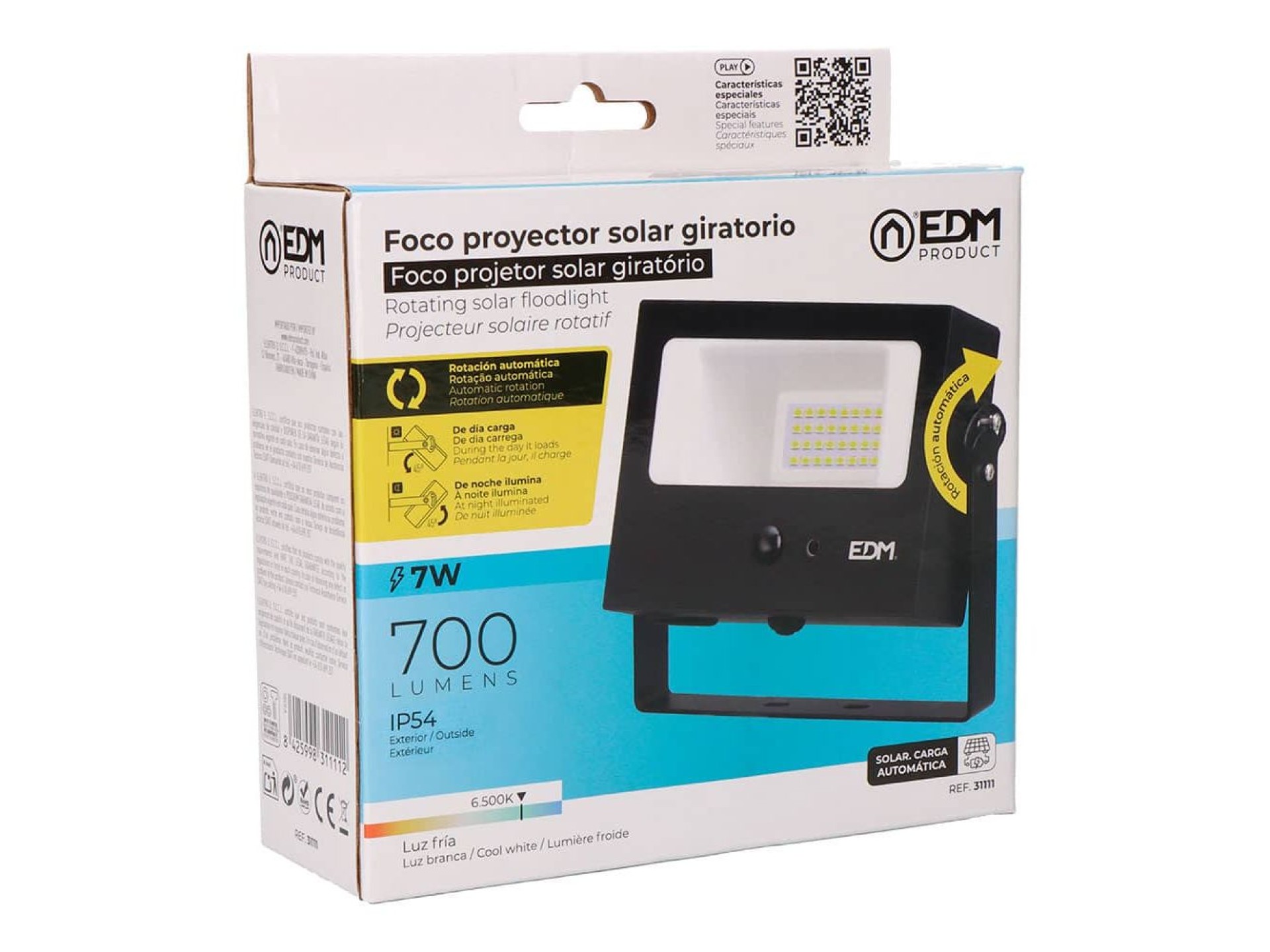 Foco proyector solar auto basculante 7 w 700 lm, 6500 k, con sensor movimiento, negro