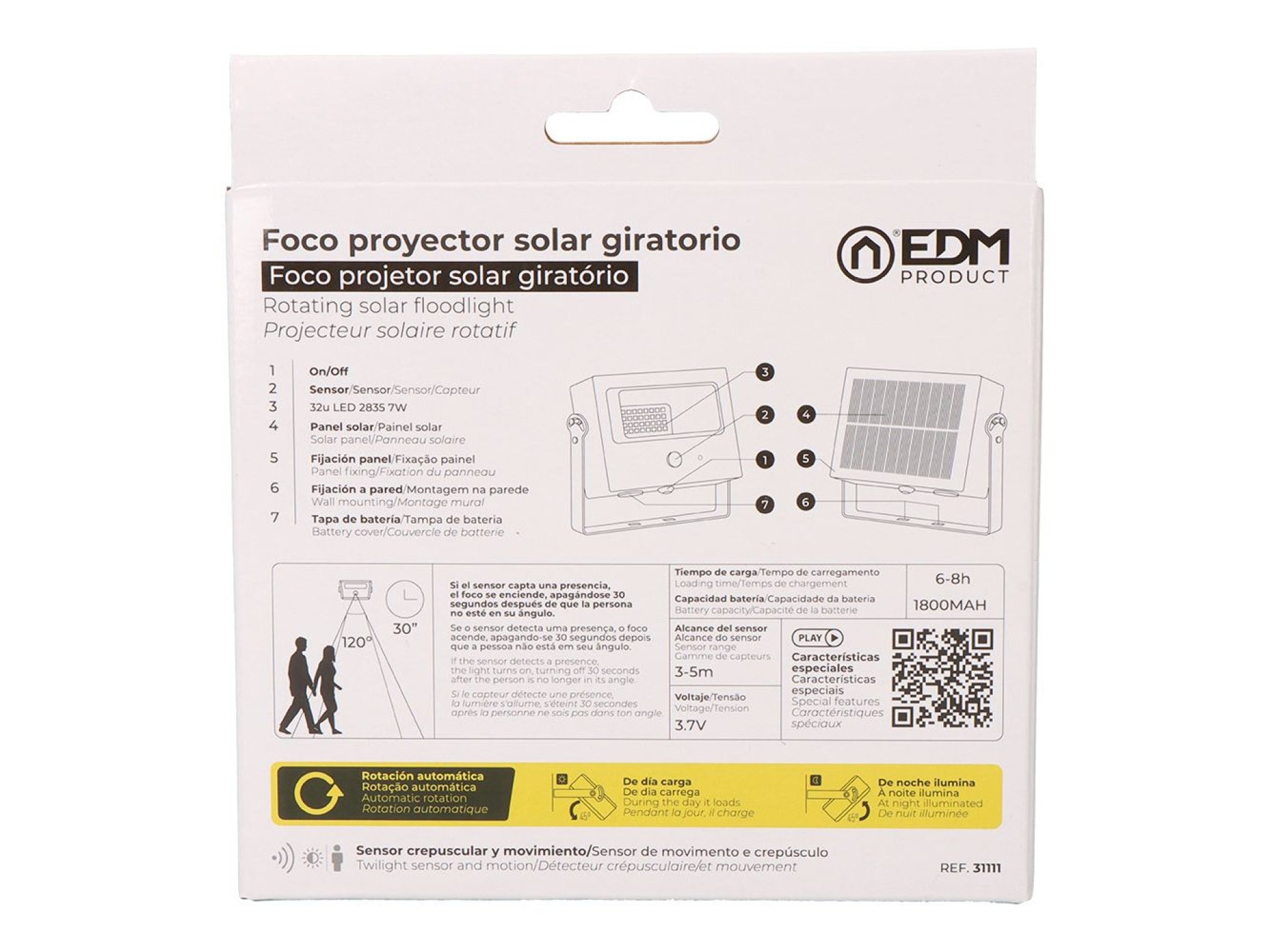 Foco proyector solar auto basculante 7 w 700 lm, 6500 k, con sensor movimiento, negro