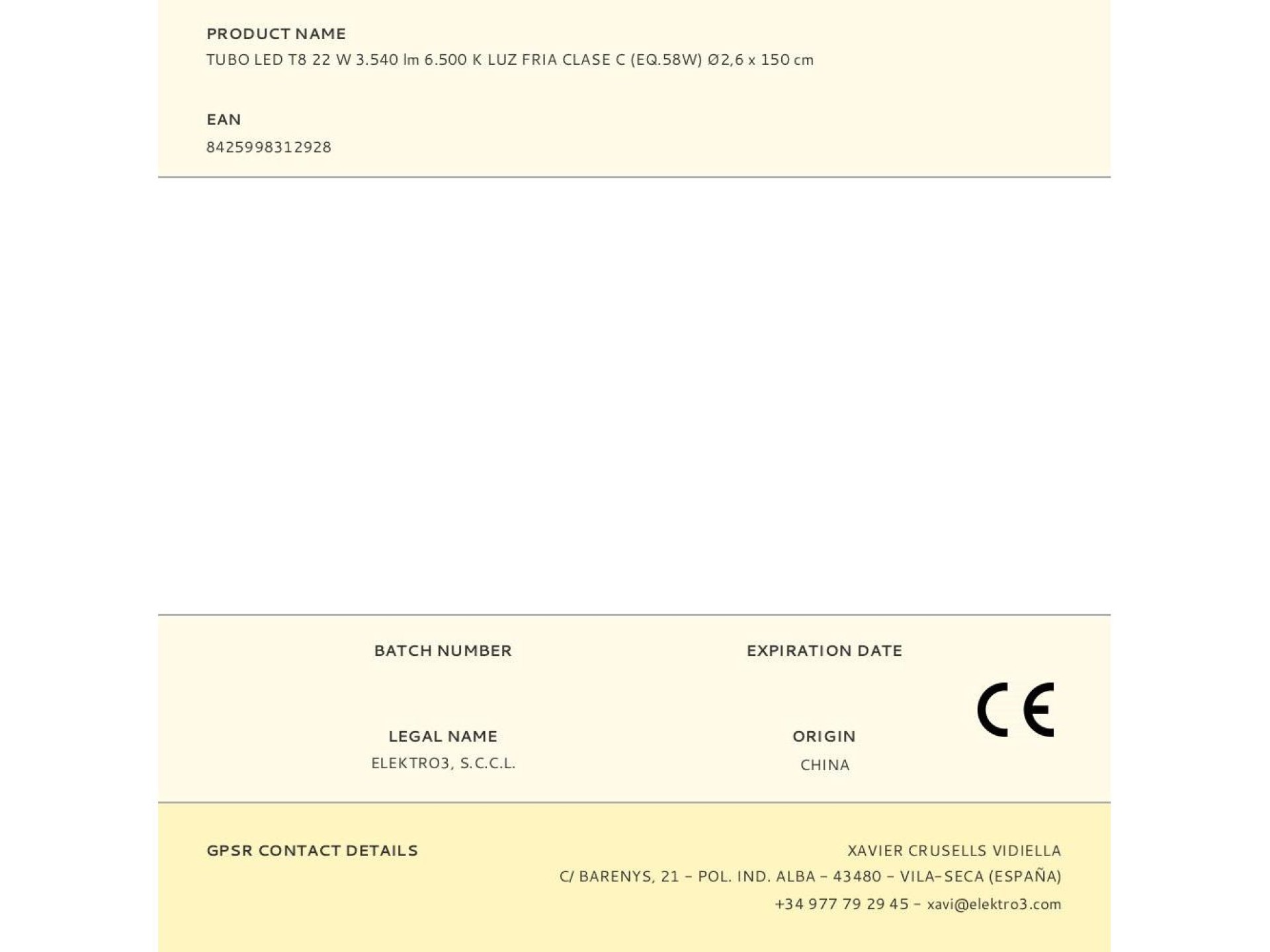 Tubo led t8 22 w 3.540 lm 6.500 k luz fria clase c (eq.58w) ø2,6 x 150 cm