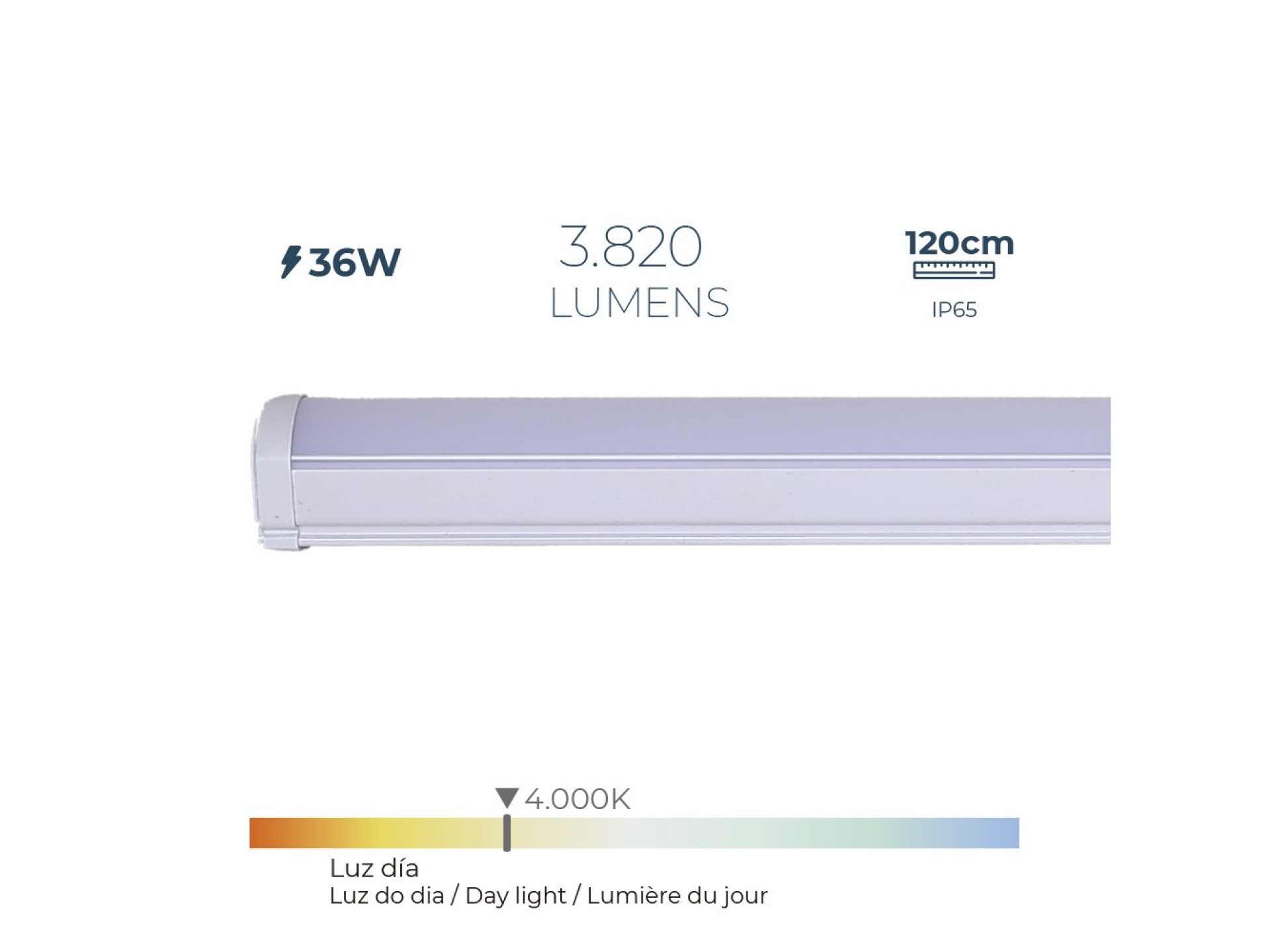 Regleta led 36 w 4.000 k luz día 3.820 lm 120 x 4,6 x 5,1 cm