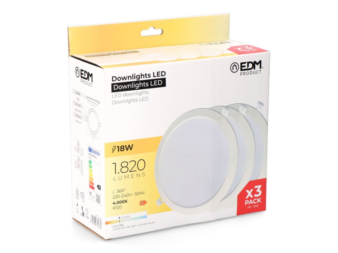 Pack 3 led downlights 18w, daylight 4000k