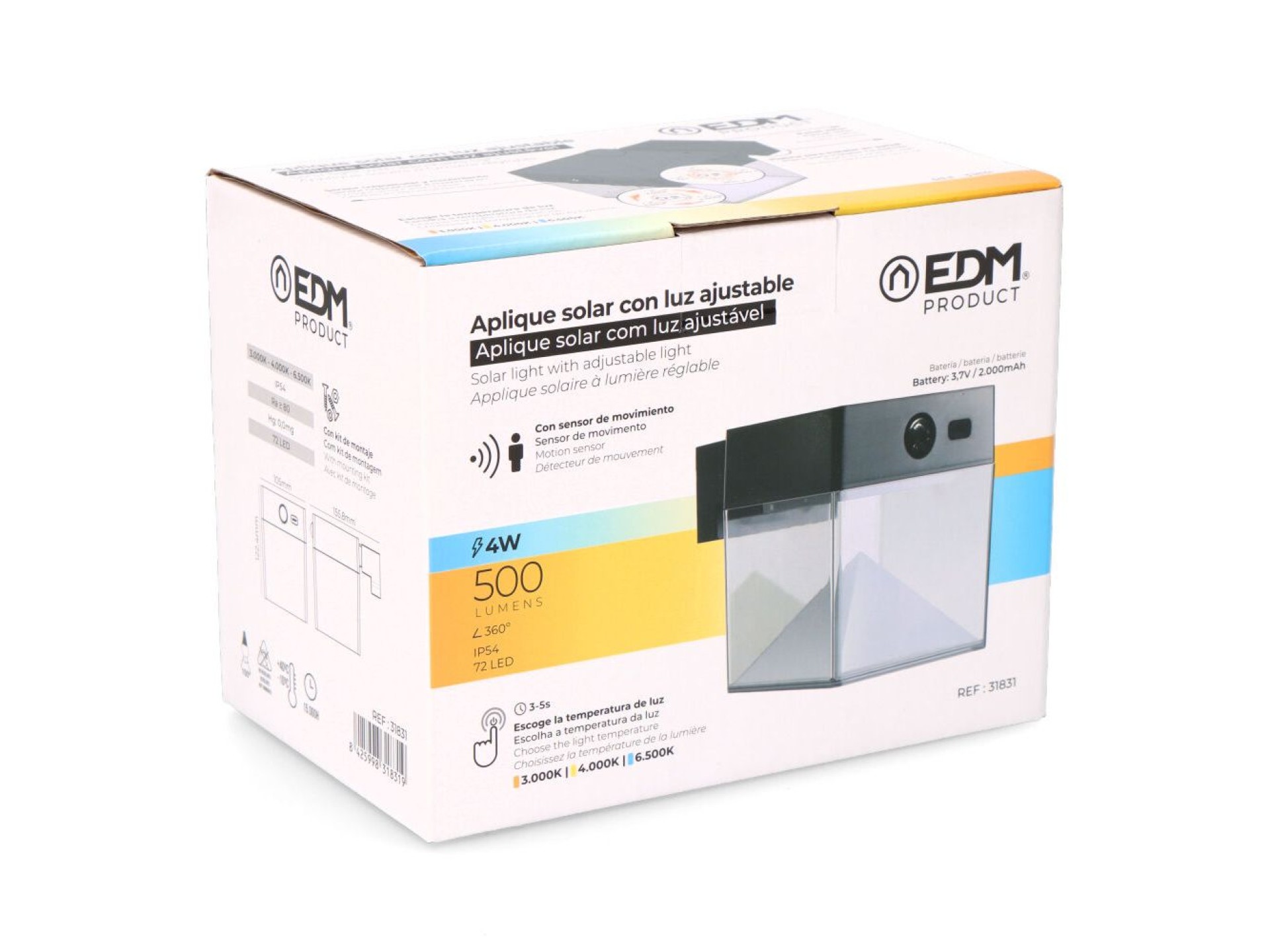 Aplique solar quadrado 4w 500lm, 3000/4000/6500k, 3cct, com sensor, preto