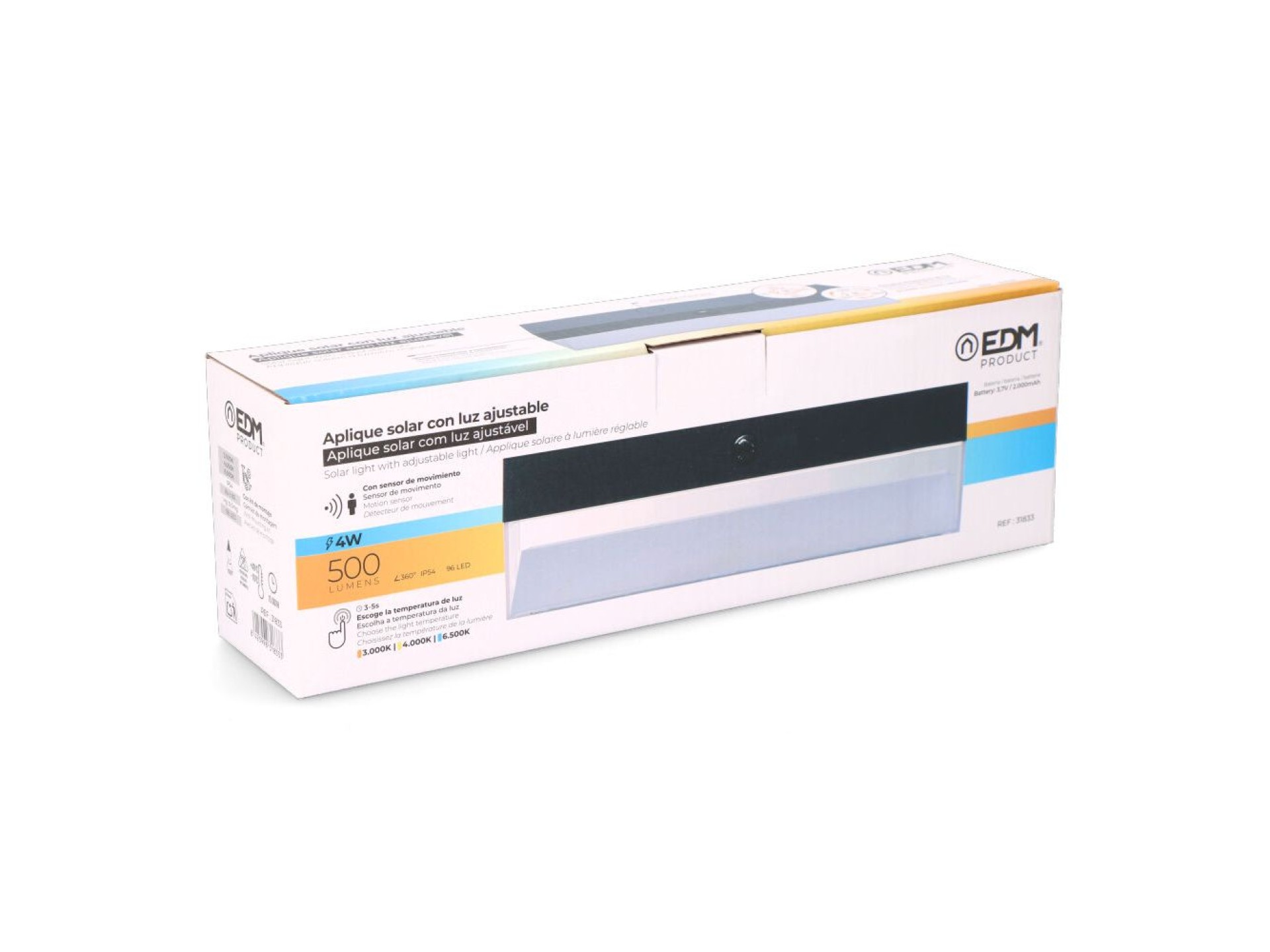 Aplique solar rectangular 4 w 500 lm, 3.000/4.000/6.500 k, 3cct, con sensor, negro