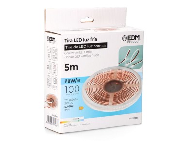 Led strip cold white light 6,400k adhesive 5 m x 10 mm 8 w/m 100 lm 24v dc